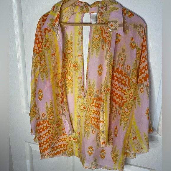 Line & Dot BOHO Orange Pink Yellow Blouse, 100% silk blouse - Picture 5 of 7